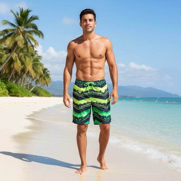 Nike Men’s Green Tropical Palm Print Board Shorts S – Swim Trunks Quick Dry - Picture 1 of 4